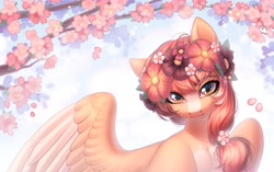 Size: 3507x2200 | Tagged: safe, artist:fenwaru, imported from derpibooru, oc, oc only, pegasus, pony, bedroom eyes, blaze (coat marking), bust, coat markings, facial markings, female, floral head wreath, flower, flower in hair, high res, looking at you, mare, pale belly, solo, spread wings, tree, two toned wings, wings