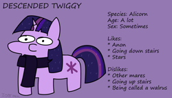 Size: 2656x1512 | Tagged: safe, artist:ionlydrawtwi, imported from derpibooru, twilight sparkle, descended twilight, clothes, ethereal mane, female, mare, reference sheet, scarf, squatpony, standing, starry mane, style emulation, stylistic suck, twiggie