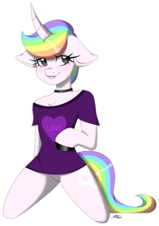 Size: 1719x2435 | Tagged: safe, alternate version, artist:melodytheartpony, edit, imported from derpibooru, oc, anthro, pony, unicorn, clothes, commission, cute, featureless crotch, feral, male, rainbow, smiling, ych result, your character here