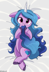 Size: 754x1100 | Tagged: safe, artist:riouku, imported from derpibooru, izzy moonbow, pony, unicorn, biting, bracelet, commission, cute, female, g5, izzybetes, jewelry, mare, nom, solo, tail bite, unshorn fetlocks