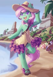 Size: 2821x4096 | Tagged: safe, artist:saxopi, imported from derpibooru, oc, oc only, earth pony, semi-anthro, beach, beach umbrella, clothes, female, palm tree, solo, tree