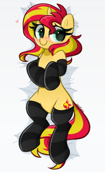 Size: 2334x3820 | Tagged: safe, artist:kittyrosie, imported from derpibooru, sunset shimmer, pony, unicorn, equestria girls, black socks, blushing, clothes, cute, heart, high res, looking at you, sheet, shimmerbetes, socks, solo, stockings, striped socks, thigh highs