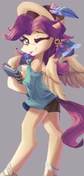 Size: 1770x3698 | Tagged: safe, artist:saxopi, imported from derpibooru, oc, oc only, pegasus, semi-anthro, clothes, feather, hat, shorts, solo, tongue out