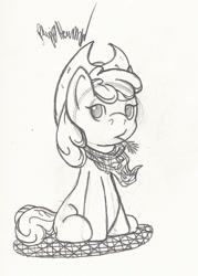 Size: 952x1328 | Tagged: safe, artist:thepiplup, imported from derpibooru, apple bloom, earth pony, pony, female, filly, hat, hay stalk, looking at you, monochrome, neckerchief, sitting, solo