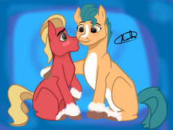 Size: 4000x3015 | Tagged: safe, artist:kiumba, imported from derpibooru, hitch trailblazer, sprout cloverleaf, earth pony, pony, blaze (coat marking), coat markings, facial markings, g5, gay, hitchsprout, male, shipping, simple background, socks (coat markings), sprout (g5), stallion