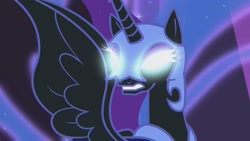 Size: 1920x1080 | Tagged: safe, imported from derpibooru, screencap, nightmare moon, alicorn, pony, friendship is magic, season 1, ethereal mane, female, glowing eyes, jewelry, regalia, solo, spread wings, starry mane, wings