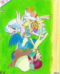 Size: 4778x5954 | Tagged: safe, artist:johnerose126, imported from derpibooru, gallus, ocellus, sandbar, silverstream, smolder, yona, changedling, changeling, classical hippogriff, dragon, griffon, hippogriff, pony, yak, absurd resolution, dragoness, female, grass, male, student six, traditional art