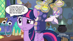 Size: 960x540 | Tagged: safe, edit, edited screencap, imported from derpibooru, screencap, princess flurry heart, twilight sparkle, alicorn, pony, best gift ever, cauldron, clippit, confused, crossover, discovery family logo, kitchen, speech bubble, talking, text, twilight sparkle (alicorn)