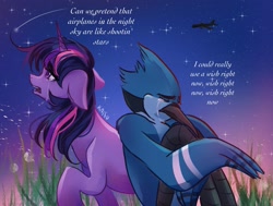 Size: 2048x1548 | Tagged: safe, artist:kaifu_ato, imported from derpibooru, twilight sparkle, anthro, bird, blue jay, pony, unicorn, aeroplanes and meteor showers, airplanes (song), crossover, crossover shipping, crying, female, floppy ears, jay, male, mare, meme, mordecai, mordetwi, plane, redraw mordetwi meme, regular show, shipping, song reference, straight