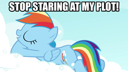 Size: 1280x720 | Tagged: safe, edit, edited screencap, imported from derpibooru, screencap, rainbow dash, pegasus, pony, season 4, testing testing 1-2-3, butt, caption, cloud, eyes closed, female, image macro, lying down, mare, open mouth, plot, prone, rainbutt dash, solo, text