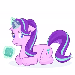 Size: 2048x2048 | Tagged: safe, artist:ssaannggggg, imported from derpibooru, starlight glimmer, pony, unicorn, backwards cutie mark, floppy ears, glowing horn, high res, horn, levitation, lying down, magic, mug, prone, sitting, solo, telekinesis