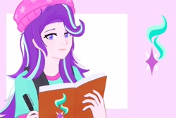 Size: 2048x1364 | Tagged: safe, artist:ssaannggggg, imported from derpibooru, starlight glimmer, human, equestria girls, beanie, book, clothes, hat, humanized, light skin, solo