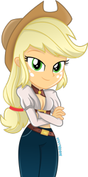 Size: 1000x2019 | Tagged: safe, artist:steyrrdash, imported from derpibooru, applejack, equestria girls, breasts, cleavage, crossed arms, female, show accurate, simple background, solo, transparent background, vector