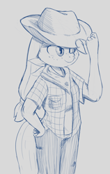 Size: 1288x2044 | Tagged: safe, artist:hitsuji, imported from derpibooru, applejack, anthro, applejack's hat, clothes, cowboy hat, flannel, hat, jeans, looking offscreen, neckerchief, pants, solo, tail