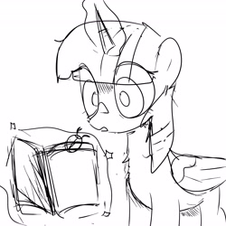 Size: 4096x4096 | Tagged: safe, artist:omelettepony, imported from derpibooru, twilight sparkle, alicorn, insect, ladybug, big eyes, book, chest fluff, female, horn, magic, magic aura, mare, messy mane, monochrome, no color, shocked, shocked expression, shocked eyes, sketch, twilight hates ladybugs, twilight sparkle (alicorn), wings