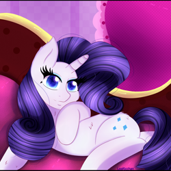 Size: 2000x2000 | Tagged: safe, artist:learicchan, imported from derpibooru, rarity, pony, unicorn, eyelashes, fainting couch, female, high res, horn, lying down, mare, smiling, solo