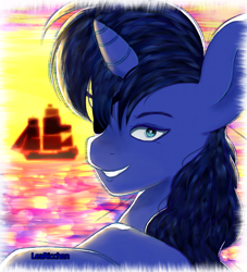 Size: 1000x1100 | Tagged: safe, artist:learicchan, imported from derpibooru, oc, oc only, pony, unicorn, bust, eyepatch, grin, horn, male, ocean, outdoors, pirate ship, ship, smiling, solo, stallion, unicorn oc