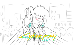 Size: 2480x1500 | Tagged: safe, artist:truffle shine, imported from derpibooru, oc, oc:cobalt thunder, pegasus, pony, cyberpunk, cyberpunk 2077, gun, sketch, weapon