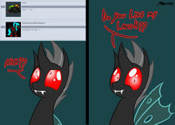 Size: 1157x829 | Tagged: safe, artist:srmario, imported from derpibooru, oc, oc only, oc:reinflak, changeling, ask, bust, changeling oc, cloak, clothes, male, red changeling, red eyes, talking