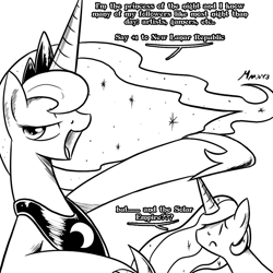 Size: 1000x1000 | Tagged: safe, artist:srmario, imported from derpibooru, princess celestia, princess luna, alicorn, pony, bedroom eyes, bust, dialogue, ethereal mane, female, hoof shoes, lineart, mare, monochrome, peytral, signature, starry mane