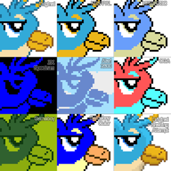 Size: 576x576 | Tagged: safe, artist:derek the metagamer, imported from derpibooru, gallus, griffon, aseprite, atari 2600, cga, game boy, gameboy color, nintendo entertainment system, palette swap, pixel art, recolor, shading, solo, zx spectrum