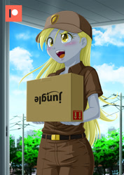 Size: 848x1200 | Tagged: safe, artist:uotapo, imported from derpibooru, derpy hooves, equestria girls, amazon.com, baseball cap, blushing, box, cap, cardboard box, cute, delivery, derpabetes, female, hat, open mouth, open smile, patreon, patreon logo, power line, smiling, solo, this side up, upside down