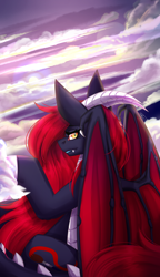 Size: 1856x3231 | Tagged: safe, artist:inspiredpixels, imported from derpibooru, oc, oc only, oc:scarlet spectrum, original species, pony, cloud, flying, looking at you, looking back, looking back at you, red and black oc, sky, slit eyes, slit pupils, solo, sun