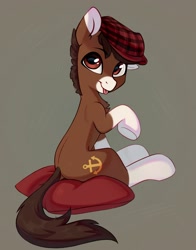 Size: 2052x2616 | Tagged: safe, artist:taneysha, imported from derpibooru, oc, oc only, oc:bailey barque, earth pony, pony, :p, hat, high res, looking back, pillow, sitting, solo, tongue out