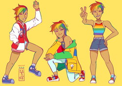 Size: 3600x2570 | Tagged: safe, artist:show-a-bit-of-teeth, imported from derpibooru, rainbow dash, hedgehog, human, alternate hairstyle, clothes, converse, dark skin, female, grin, high res, humanized, jersey, leggings, male, midriff, moderate dark skin, ok hand sign, open mouth, peace sign, shoes, shorts, simple background, smiling, sneakers, socks, solo, sonic the hedgehog, sonic the hedgehog (series), sports bra, sports shorts, tanktop, triality, varsity jacket, yellow background