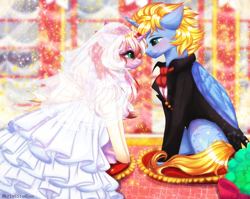 Size: 4000x3179 | Tagged: safe, artist:krissstudios, imported from derpibooru, oc, oc only, alicorn, pony, unicorn, clothes, dress, female, male, mare, marriage, stallion, suit, wedding, wedding dress