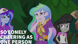 Size: 1280x720 | Tagged: safe, edit, edited screencap, editor:quoterific, imported from derpibooru, screencap, octavia melody, princess celestia, princess luna, equestria girls, legend of everfree, legend of everfree - bloopers, camp everfree outfits, cap, clothes, female, hat, principal celestia, smiling, trio, trio female, vice principal luna