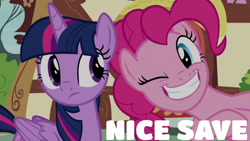 Size: 1280x720 | Tagged: safe, edit, edited screencap, editor:quoterific, imported from derpibooru, screencap, pinkie pie, twilight sparkle, alicorn, earth pony, pony, season 8, the washouts (episode), spoiler:s08, duo, duo female, female, grin, mare, one eye closed, smiling, twilight sparkle (alicorn), wink