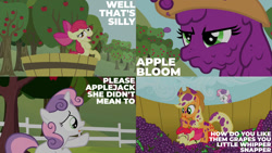 Size: 1280x720 | Tagged: safe, edit, edited screencap, editor:quoterific, imported from derpibooru, screencap, apple bloom, applejack, sweetie belle, earth pony, pony, unicorn, season 2, sisterhooves social, ^^, adorabloom, apple, apple bloom's bow, applejack's hat, bow, cowboy hat, cute, diasweetes, eyes closed, female, filly, food, grapes, hair bow, hat, jackabetes, mare, open mouth, tree, trio, trio female