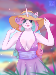 Size: 2725x3650 | Tagged: safe, artist:elektra-gertly, imported from derpibooru, oc, oc only, anthro, unicorn, beach, breasts, cleavage, clothes, commission, dress, hat, high res, lipstick, solo, sun hat, sundress