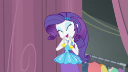 Size: 3410x1920 | Tagged: safe, imported from derpibooru, screencap, rarity, equestria girls, equestria girls series, rarity investigates: the case of the bedazzled boot, bracelet, clothes, cute, cutie mark, cutie mark on clothes, eyes closed, female, geode of shielding, hairpin, jewelry, magical geodes, open mouth, raribetes, rarity peplum dress, solo