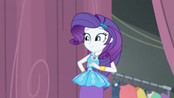 Size: 3410x1920 | Tagged: safe, imported from derpibooru, screencap, rarity, equestria girls, equestria girls series, rarity investigates: the case of the bedazzled boot, bracelet, clothes, cute, cutie mark, cutie mark on clothes, female, geode of shielding, hairpin, jewelry, magical geodes, raribetes, rarity peplum dress, smiling, solo