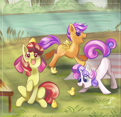 Size: 1956x1882 | Tagged: safe, artist:drawingedpudding, imported from derpibooru, apple bloom, scootaloo, sweetie belle, bird, earth pony, pegasus, unicorn, blank flank, chick, cute, cutealoo, cutie mark crusaders, diasweetes, female, filly, foal, g4