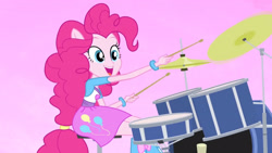 Size: 3410x1920 | Tagged: safe, imported from derpibooru, screencap, pinkie pie, equestria girls, rainbow rocks, better than ever, boots, clothes, cute, cutie mark, cutie mark on clothes, diapinkes, drum kit, drums, drumsticks, female, musical instrument, open mouth, ponied up, shoes, smiling, solo