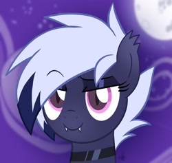 Size: 2048x1945 | Tagged: safe, artist:darkmaxxie, imported from derpibooru, oc, oc only, oc:maxie, bat pony, bat pony oc, bat wings, blurry background, choker, looking at you, moon, night, raised eyebrow, show accurate, smiling, stars, wings