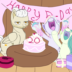 Size: 3000x3000 | Tagged: safe, artist:umbrapone, imported from derpibooru, oc, oc:bass-beat, oc:night shine, oc:nightshine, oc:smokey haze, bat pony, earth pony, pegasus, bat pony oc, bat wings, birthday, birthday cake, birthday gift, cake, cigarette, done with your shit, earth pony oc, excited, fangs, food, high res, implied oc, man bun, pegasus oc, table, tablecloth, trio, unshorn fetlocks, wings, wooden floor, writing