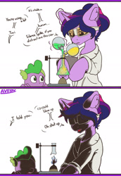 Size: 2076x3017 | Tagged: safe, artist:avery-valentine, imported from derpibooru, spike, twilight sparkle, dragon, pony, unicorn, bunsen burner, chemicals, erlenmeyer flask, flask, florence flask, goggles, high res, implied explosion, levitation, magic, soot, telekinesis