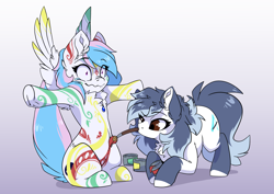 Size: 3507x2481 | Tagged: safe, artist:arctic-fox, imported from derpibooru, oc, oc only, oc:ashley fox, oc:starburn, earth pony, pegasus, pony, bodypaint, chest fluff, duo, ear fluff, female, gradient background, high res, mouth hold, not princess celestia, paint, paintbrush, sitting, stifling laughter, t pose, tickling, wavy mouth