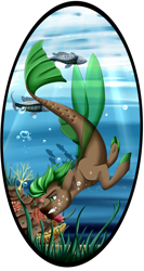 Size: 1785x3358 | Tagged: safe, artist:crecious, imported from derpibooru, oc, oc only, fish, seapony (g4), bubble, coral, crepuscular rays, dorsal fin, fin wings, fins, fish tail, flowing mane, flowing tail, green eyes, green mane, looking down, male, ocean, seaweed, signature, solo, sunlight, swimming, tail, teeth, underwater, water, wings