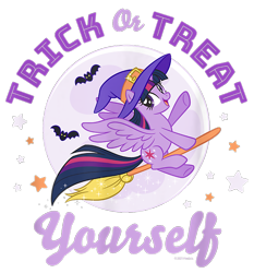 Size: 700x750 | Tagged: safe, imported from derpibooru, twilight sparkle, alicorn, bat, pony, broom, cropped, design, female, flying, flying broomstick, full moon, g4, halloween, hat, holiday, mare, merchandise, moon, official, shirt design, simple background, solo, stars, text, transparent background, twilight sparkle (alicorn), witch hat