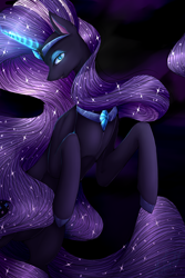 Size: 2000x3000 | Tagged: safe, artist:midfire, imported from derpibooru, nightmare rarity, pony, unicorn, black background, blue eyes, colored pupils, crown, ethereal mane, female, flowing mane, flowing tail, gem, glow, glowing, glowing horn, high res, horn, jewelry, lidded eyes, looking at you, necklace, purple mane, regalia, simple background, smiling, solo, sparkles, starry mane