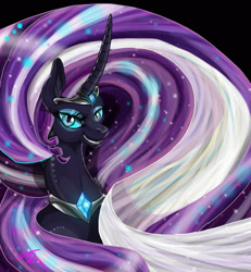 Size: 1800x1950 | Tagged: safe, artist:theneithervoid, imported from derpibooru, nightmare rarity, pony, unicorn, black background, blue eyes, colored pupils, crown, curved horn, deviantart watermark, ethereal mane, evil grin, eyelashes, female, flowing mane, gem, glow, glowing, grin, horn, jewelry, long horn, looking at you, necklace, obtrusive watermark, purple mane, regalia, simple background, smiling, solo, sparkles, starry mane, teeth, watermark