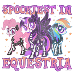 Size: 700x700 | Tagged: safe, imported from derpibooru, pinkie pie, rainbow dash, twilight sparkle, alicorn, earth pony, pegasus, pony, bone, cropped, design, female, g4, halloween, holiday, mare, merchandise, official, shirt design, simple background, skeleton, stars, text, transparent background, trio, twilight sparkle (alicorn)