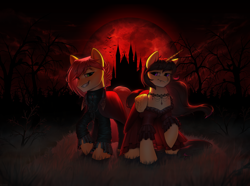 Size: 3132x2336 | Tagged: safe, artist:klooda, imported from derpibooru, oc, oc only, alicorn, bat, earth pony, pony, unicorn, vampire, alicorn oc, blood moon, cape, castle, choker, clothes, cloud, couple, detailed, detailed background, dress, fangs, female, folded wings, forest, full body, gothic, grass, grass field, grin, high res, horn, jabot, lidded eyes, looking at you, male, mare, moon, night, raised hoof, smiling, smiling at you, smug, stallion, standing, tree, wings