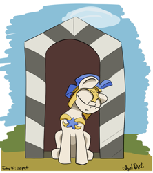 Size: 1173x1322 | Tagged: safe, artist:agent-diego, imported from derpibooru, oc, oc only, earth pony, pony, earth pony oc, female, guard, guardsmare, mare, oc name needed, outpost, royal guard, sleeping, sleeping on the job, solo