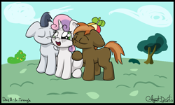 Size: 1527x915 | Tagged: safe, artist:agent-diego, imported from derpibooru, button mash, rumble, sweetie belle, earth pony, pegasus, pony, unicorn, bisexual, cheek kiss, colt, cute, daaaaaaaaaaaw, delighted, diabetes, diasweetes, digital art, female, filly, gay, happy, kiss sandwich, kissing, male, polyamory, rumbellemash, shipping, straight, sweetie belle gets all the colts